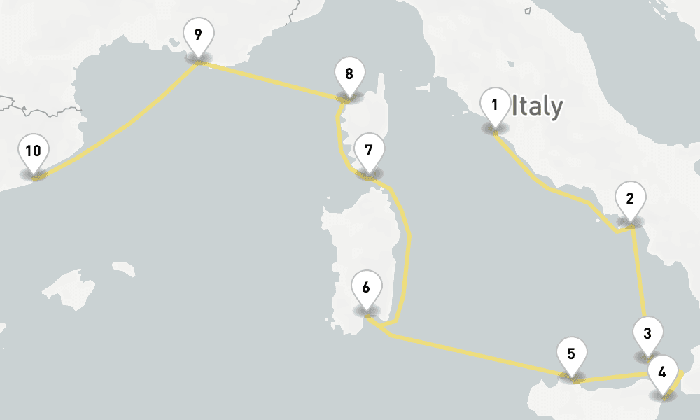 9 days, one-way from Civitavecchia-Rome to Barcelona 10日間