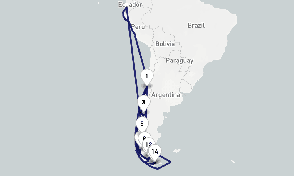 16 days, one-way from Valparaiso-Santiago to Ushuaia 17日間