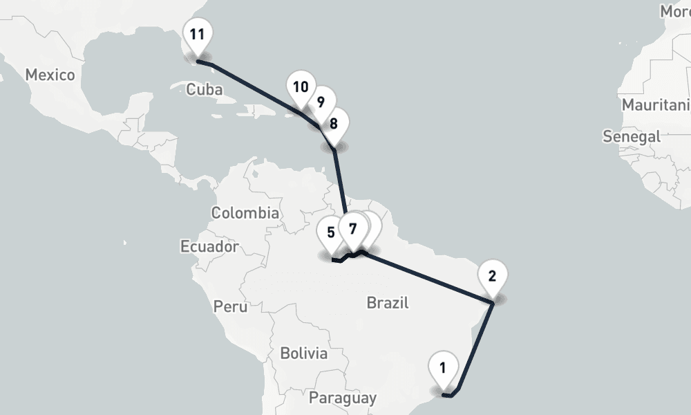 21 days, one-way from Rio de Janeiro to Miami 22日間