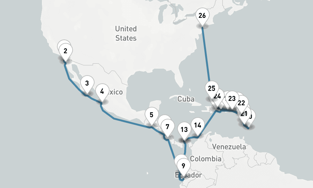32 days, one-way from San Diego to New York 33日間
