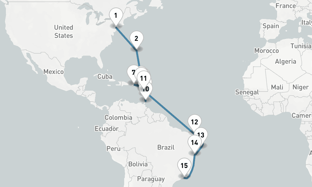 23 days, one-way from New York to Rio de Janeiro 24日間