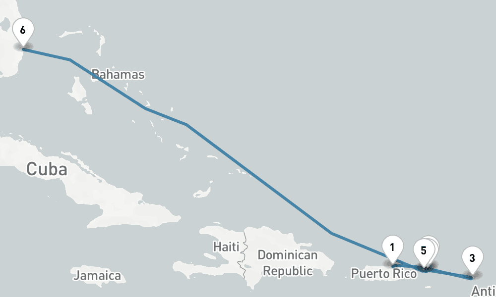7 days, one-way from San Juan to Fort Lauderdale 8日間