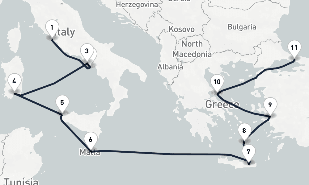 12 days, one-way from Civitavecchia-Rome to Istanbul 13日間