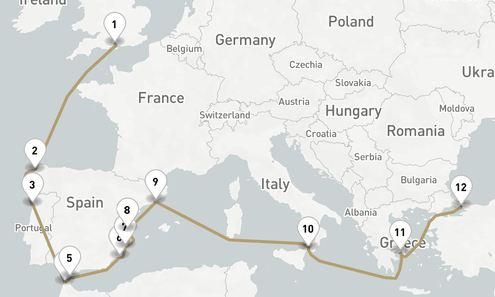 19 days, one-way from Southampton to Istanbul 20日間