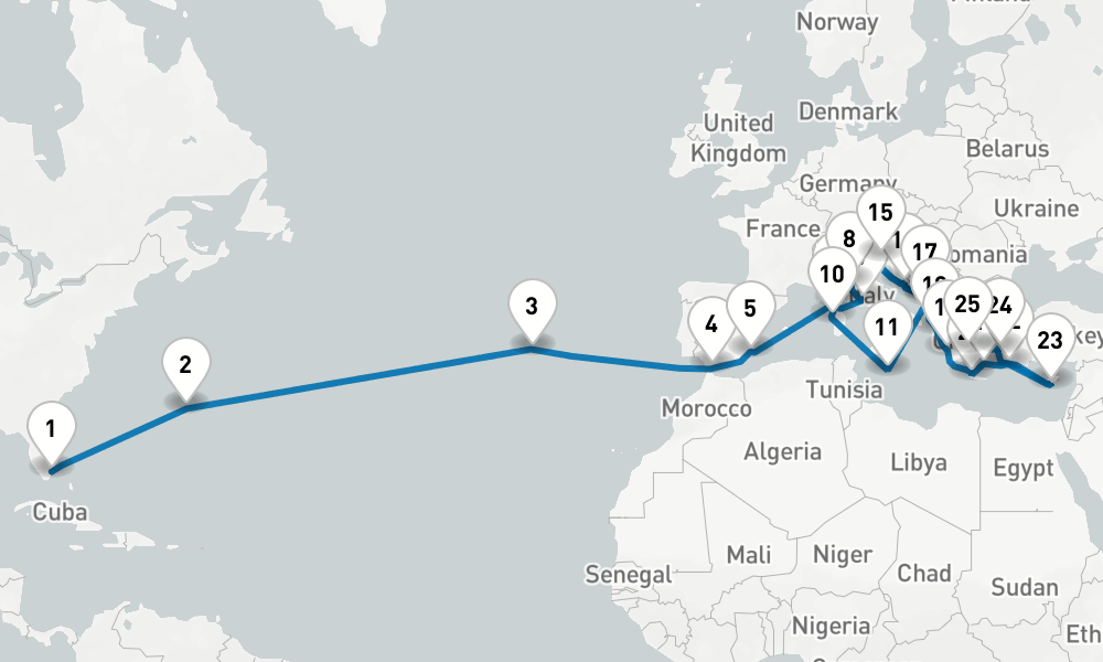 36 days, one-way from Fort Lauderdale to Piraeus-Athens 37日間