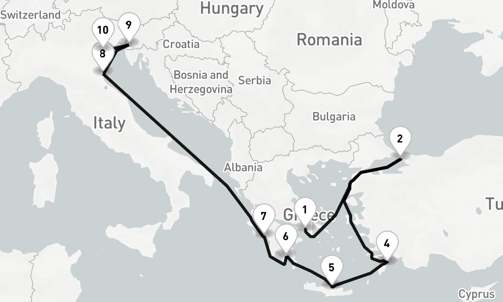 12 days, one-way from Piraeus-Athens to Venice 13日間