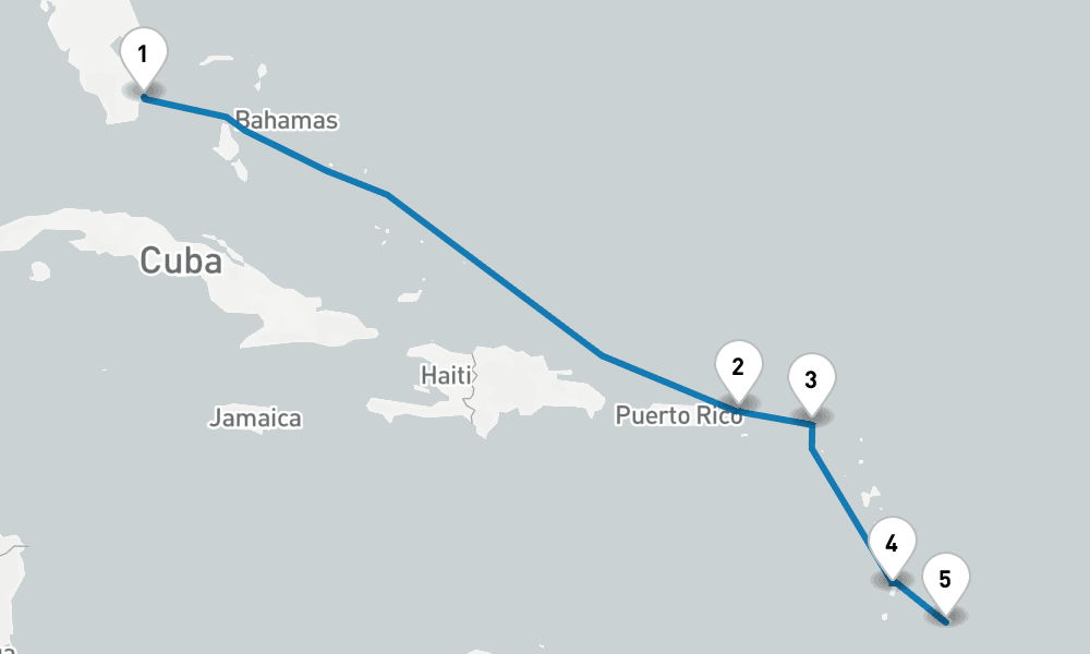 7 days, one-way from Miami to Bridgetown 8日間