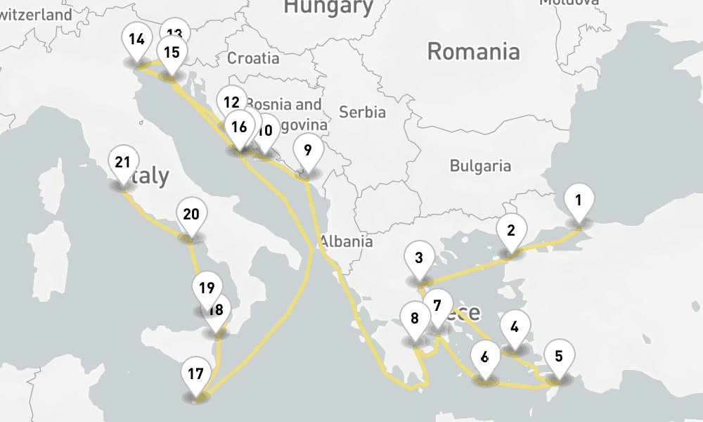 23 days, one-way from Istanbul to Civitavecchia-Rome 24日間