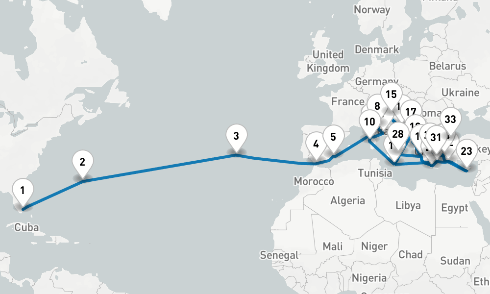 46 days, one-way from Fort Lauderdale to Istanbul 47日間