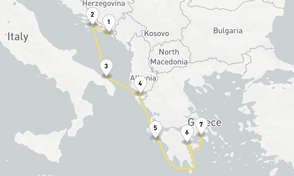 7 days, one-way from Dubrovnik to Piraeus-Athens 8日間