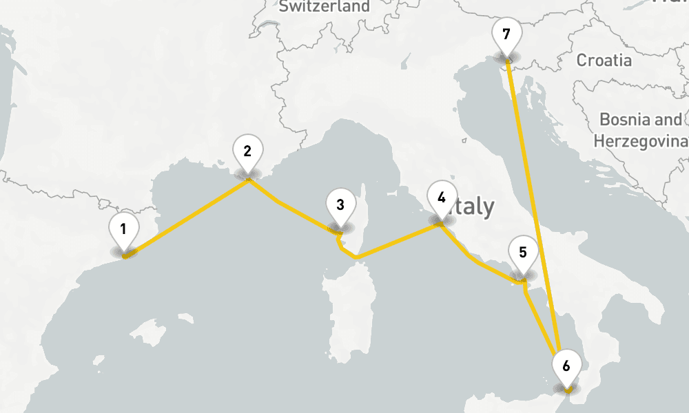 7 days, one-way from Barcelona to Trieste 8日間