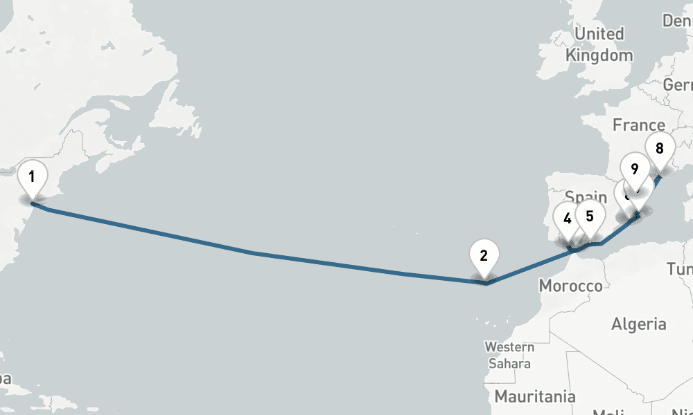 15 days, one-way from New York to Barcelona 16日間