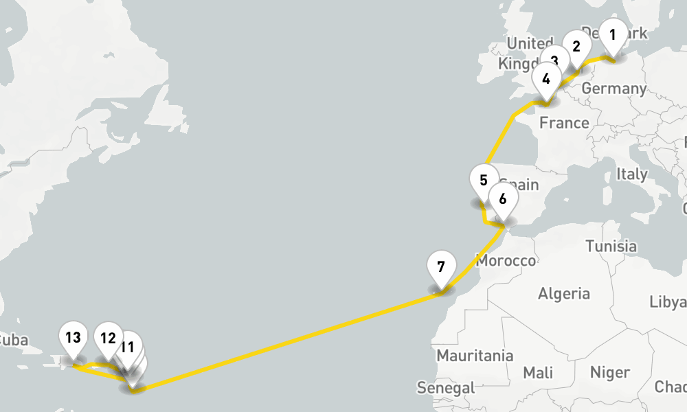 24 days, one-way from Hamburg to Pointe-a-Pitre 25日間
