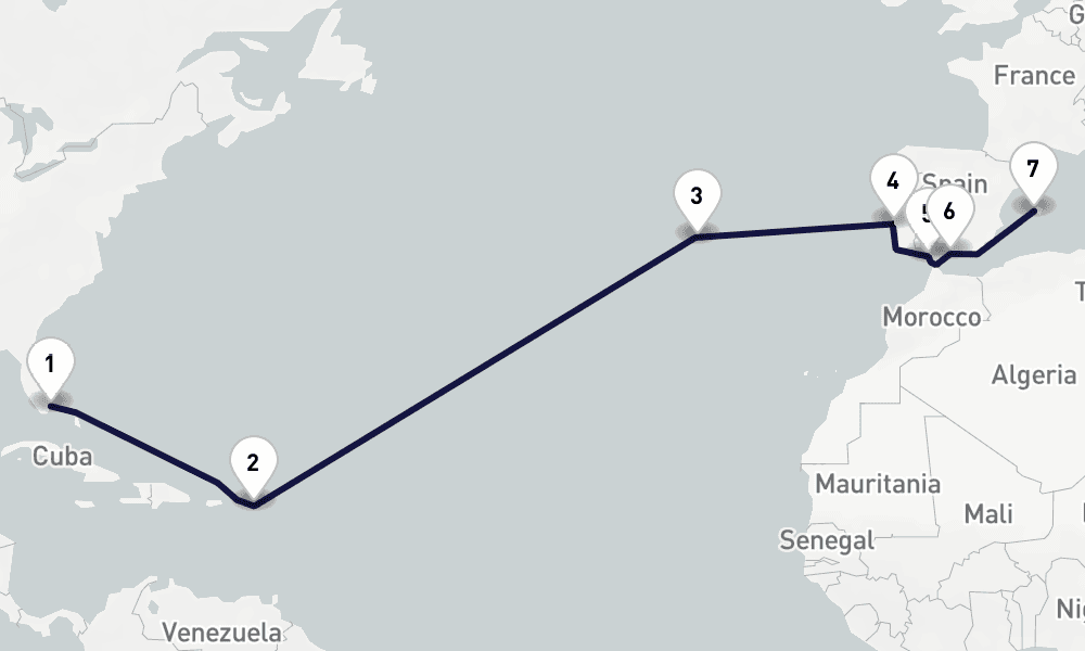 15 days, one-way from Miami to Palma de Mallorca 16日間