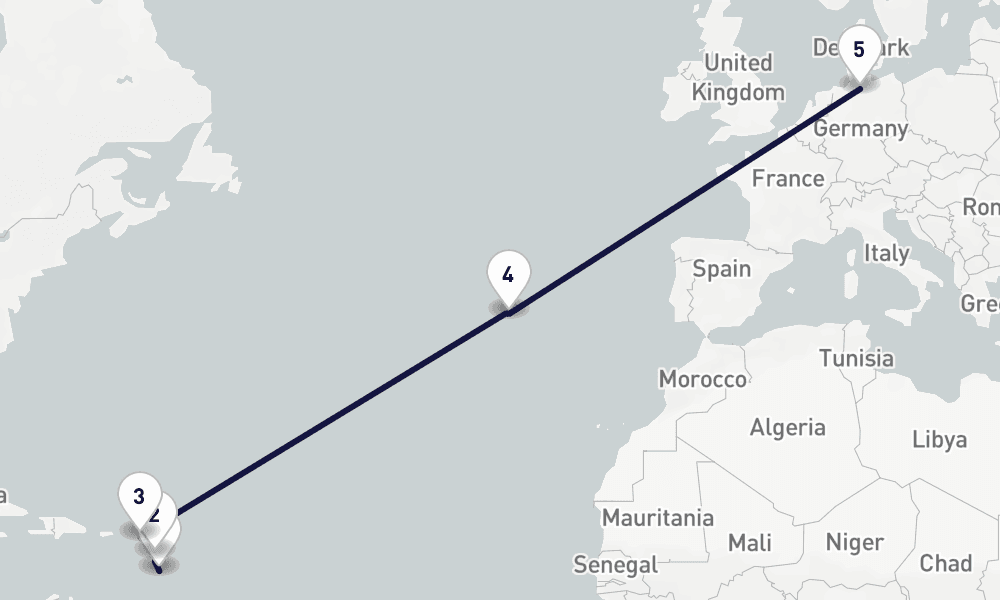 13 days, one-way from Fort-de-France to Hamburg 14日間