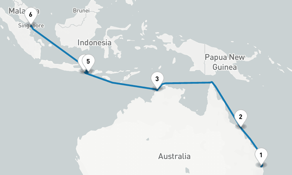 13 days, one-way from Brisbane to Singapore 14日間