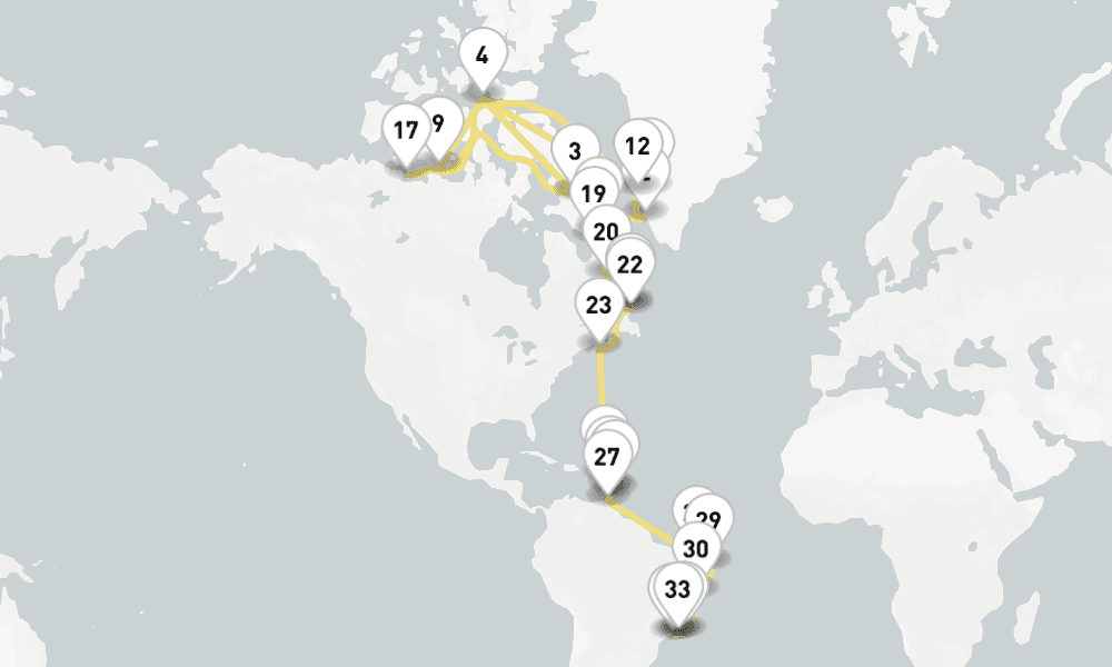 56 days, one-way from Kangerlussuaq to Rio de Janeiro 57日間