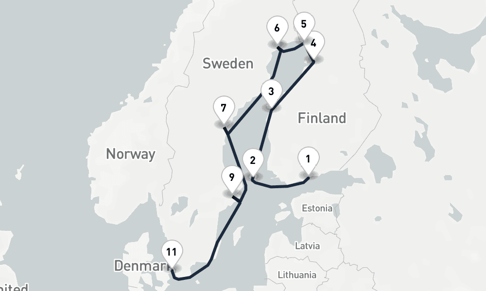 12 days, one-way from Helsinki to Copenhagen 13日間
