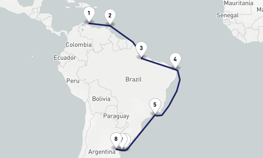 21 days, one-way from Willemstad Curacao to Buenos Aires 22日間