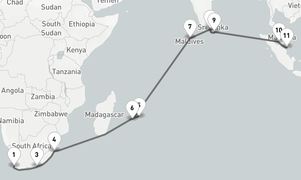 25 days, one-way from Cape Town to Singapore 26日間
