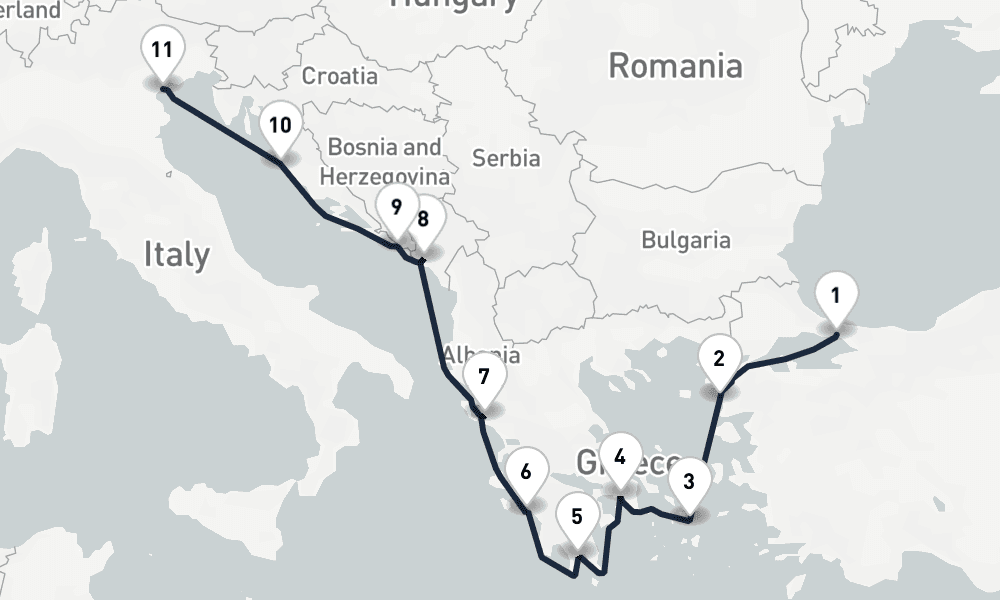 10 days, one-way from Istanbul to Venice 11日間