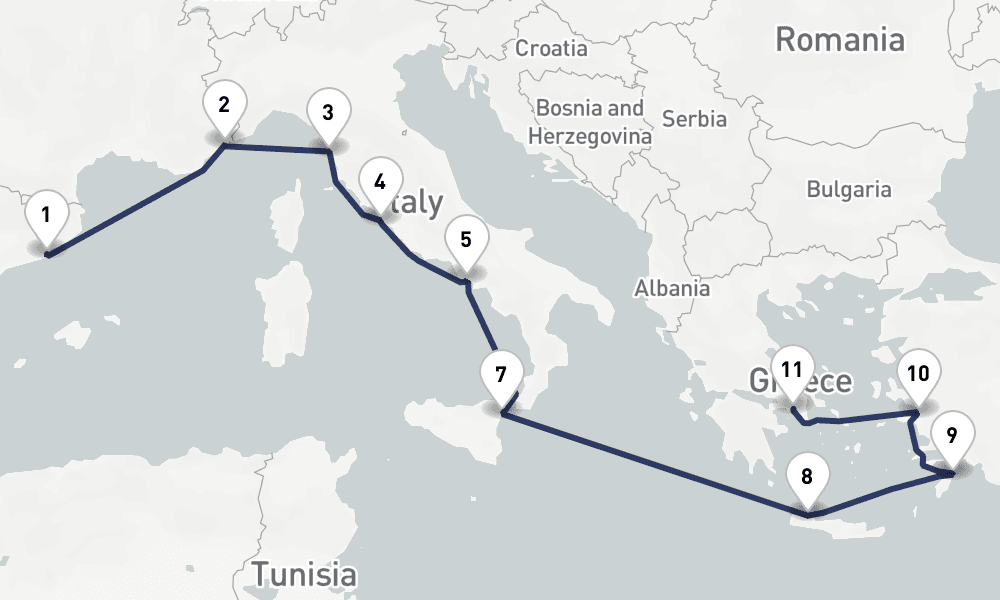 11 days, one-way from Barcelona to Piraeus-Athens 12日間