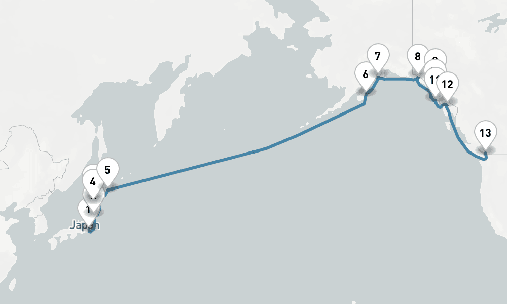 19 days, one-way from Yokohama to Vancouver 20日間