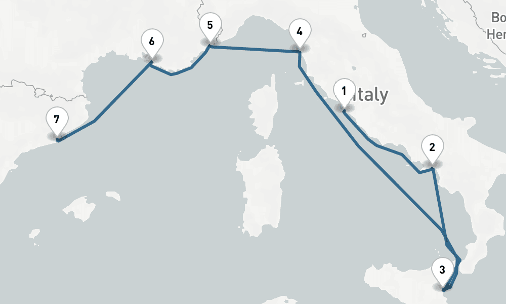 7 days, one-way from Civitavecchia-Rome to Barcelona 8日間