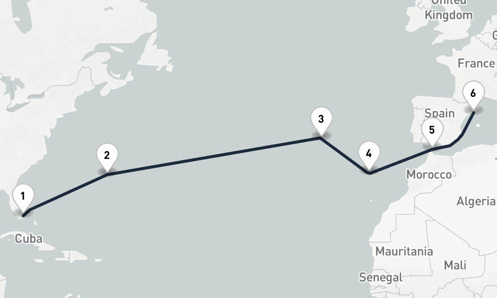 14 days, one-way from Miami to Barcelona 15日間