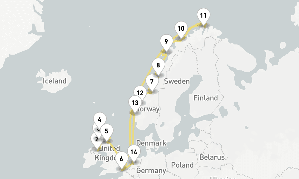 21 days, one-way from Greenock-Glasgow to Dover 22日間