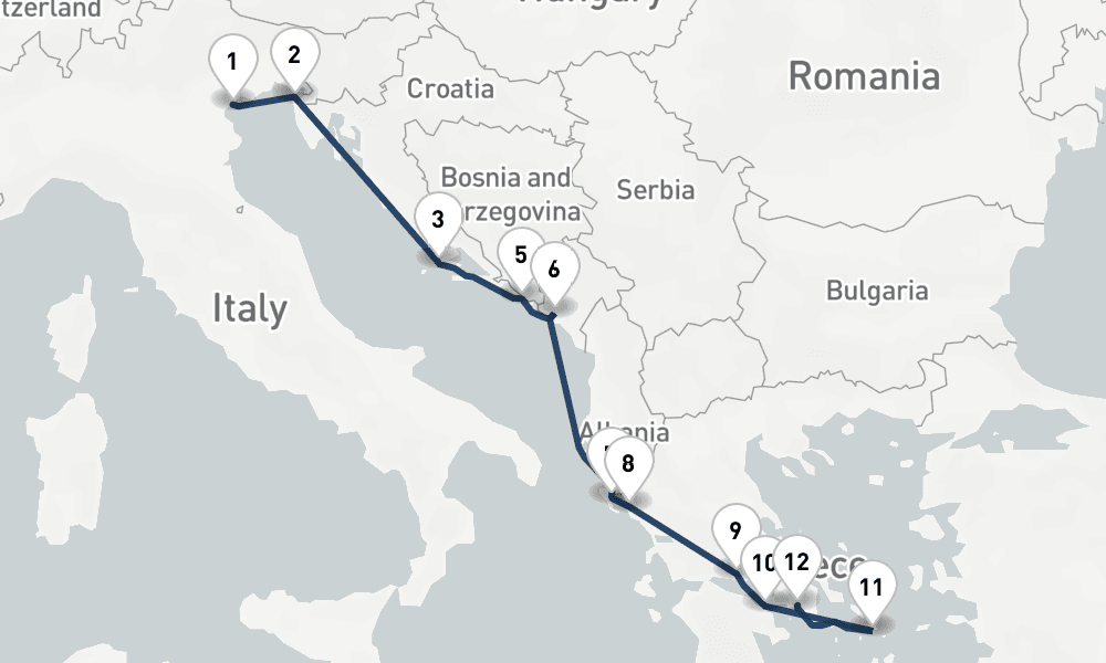 11 nights / 12 days, one-way from Venice to Piraeus (Athens, Greece)
