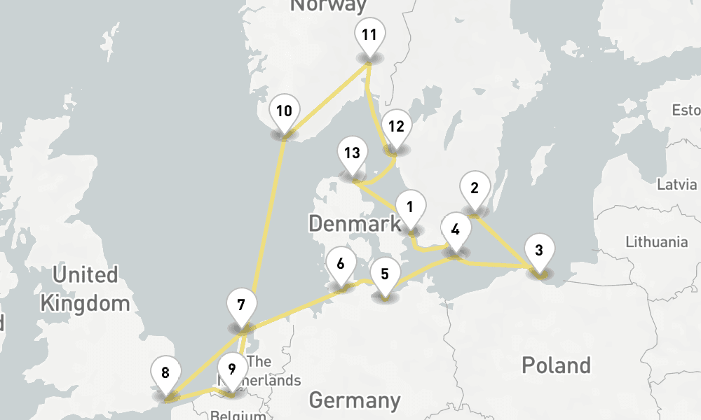 14 days, round-trip Baltic Sea, Kiel Canal Dover 15日間