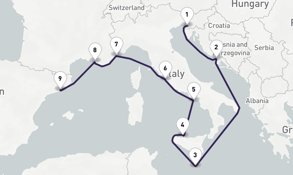 9 days, one-way from Trieste to Barcelona 10日間
