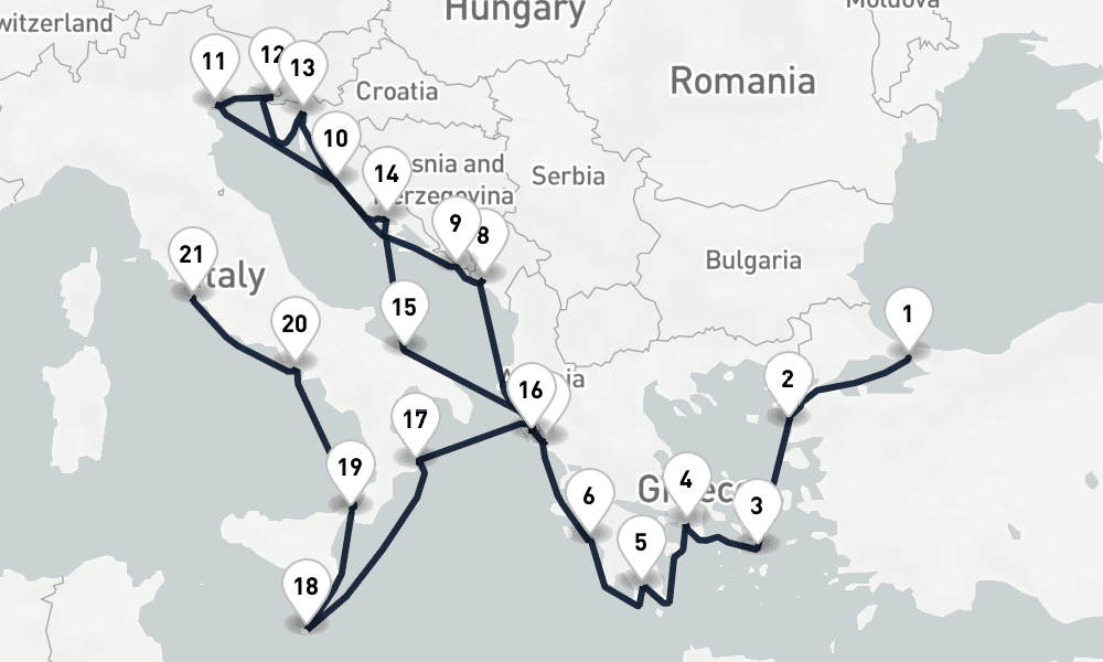 20 days, one-way from Istanbul to Civitavecchia-Rome 21日間