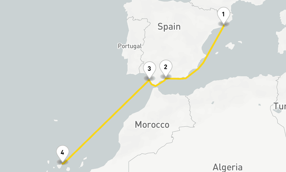 5 days, one-way from Barcelona to Santa Cruz de Tenerife 6日間