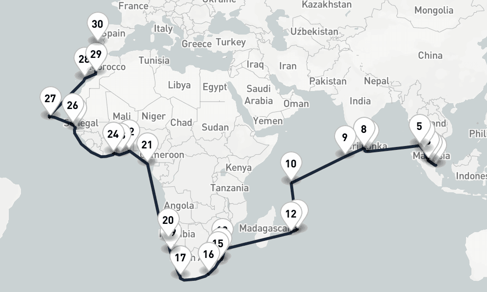 54 days, one-way from Singapore to Lisbon 55日間