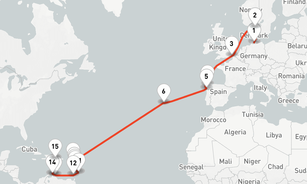 26 days, one-way from Kiel to La Romana 27日間