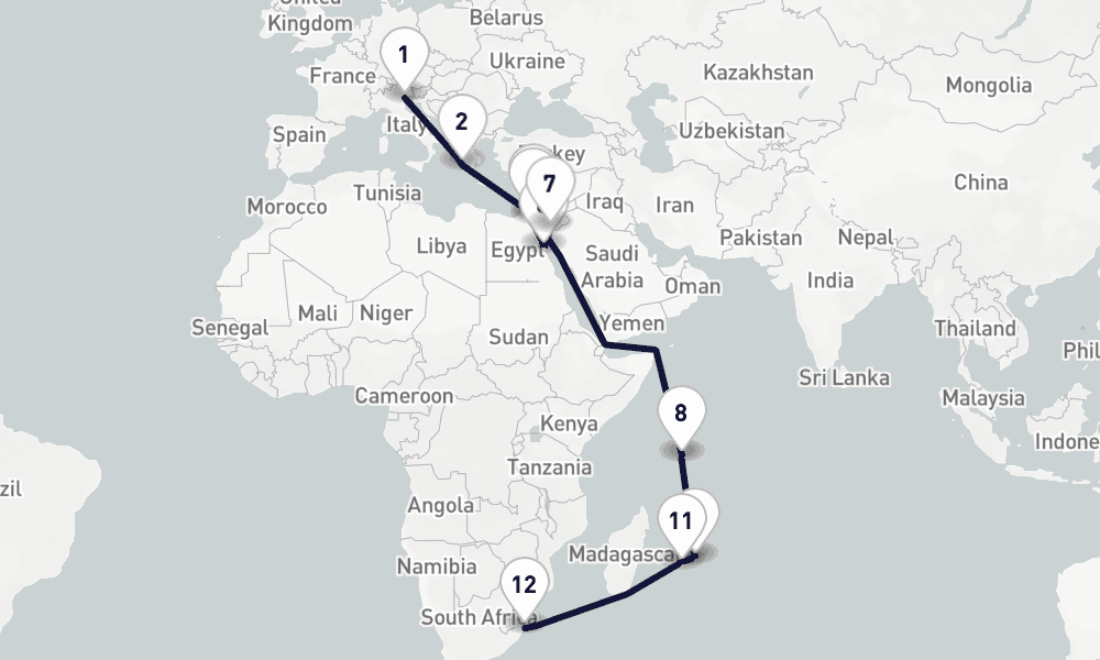 24 days, one-way from Venice to Durban 25日間