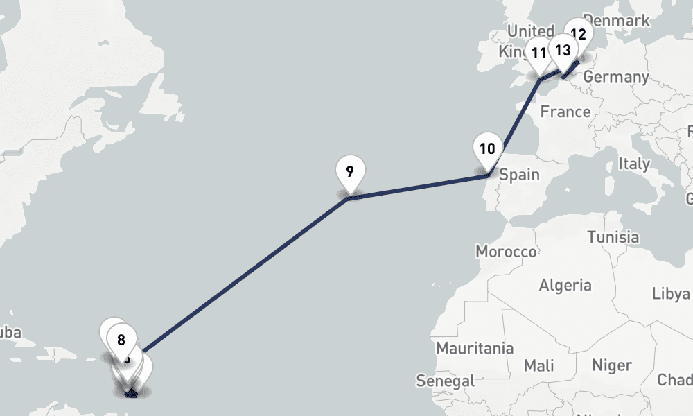 22 days, one-way from Pointe-a-Pitre to Dunkirk 23日間