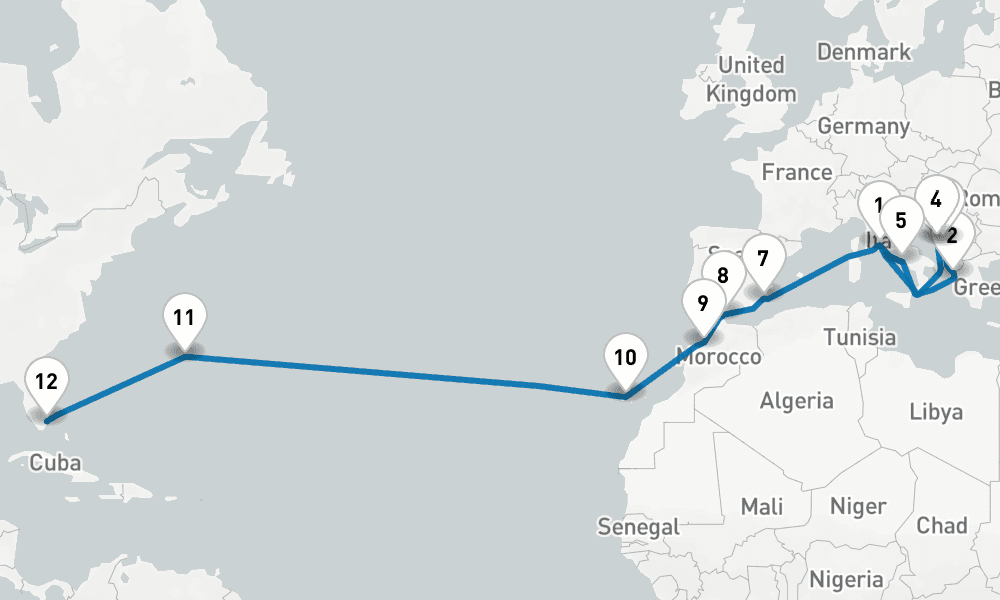22 days, one-way from Civitavecchia-Rome to Fort Lauderdale 23日間