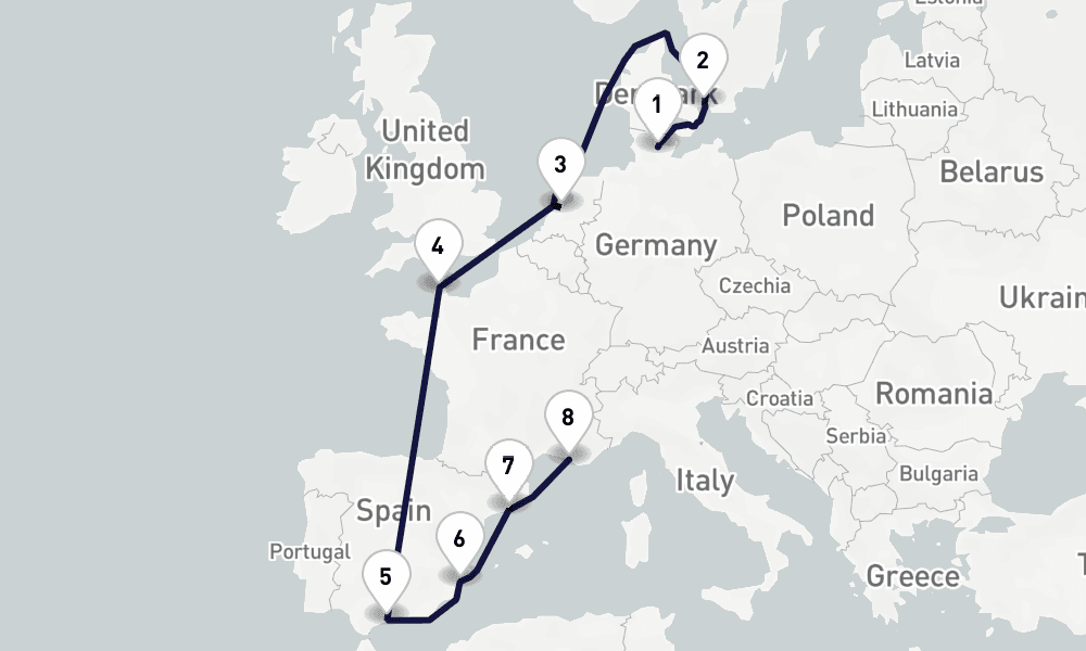 11 days, one-way from Kiel to Marseille 12日間
