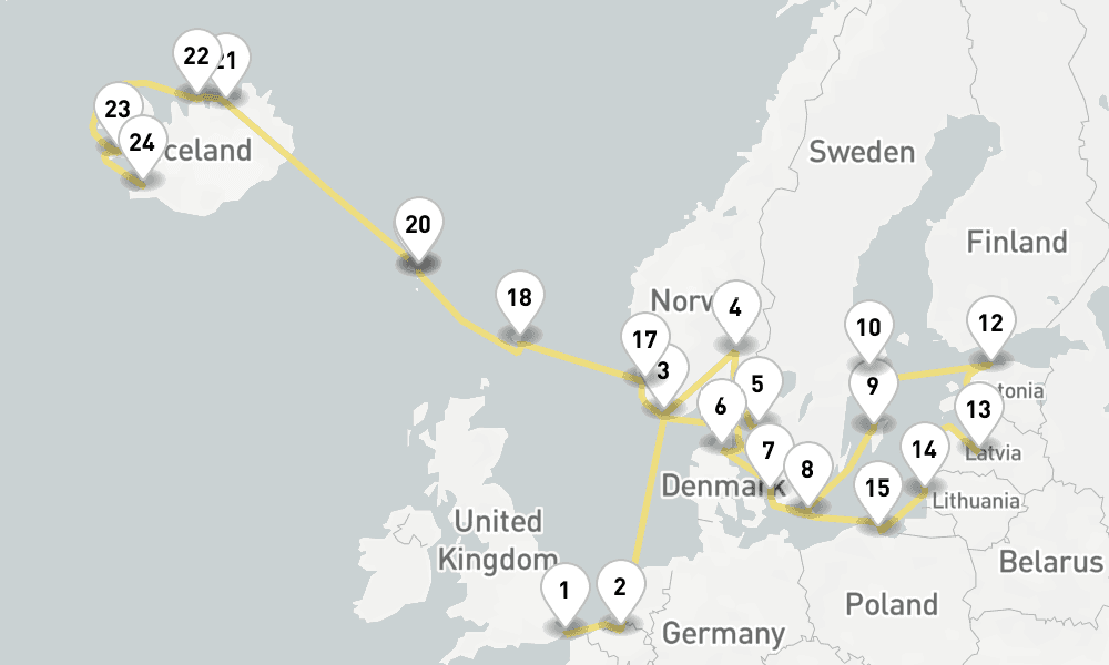 28 days, one-way from Dover to Reykjavik 29日間
