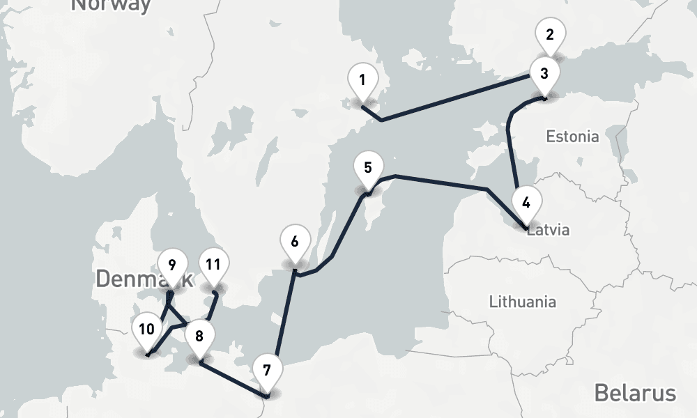 11 days, one-way from Stockholm to Copenhagen 12日間