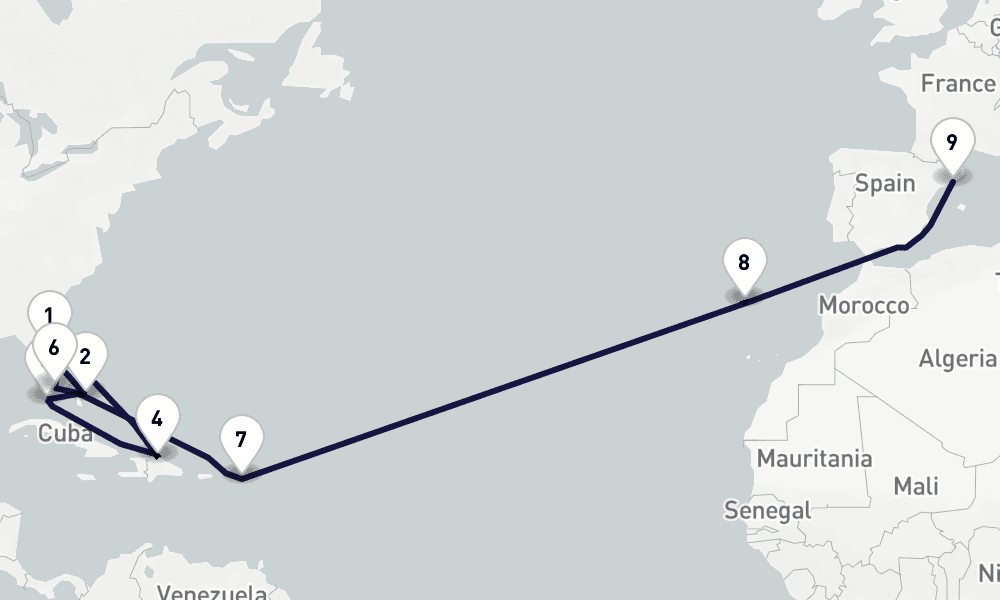 21 days, one-way from Port Canaveral to Barcelona 22日間