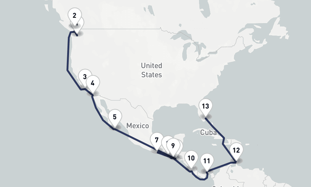 21 days, one-way from Seattle to Fort Lauderdale 22日間