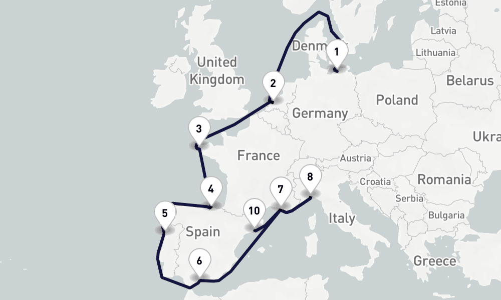 14 days, one-way from Warnemunde-Rostock to Barcelona 15日間