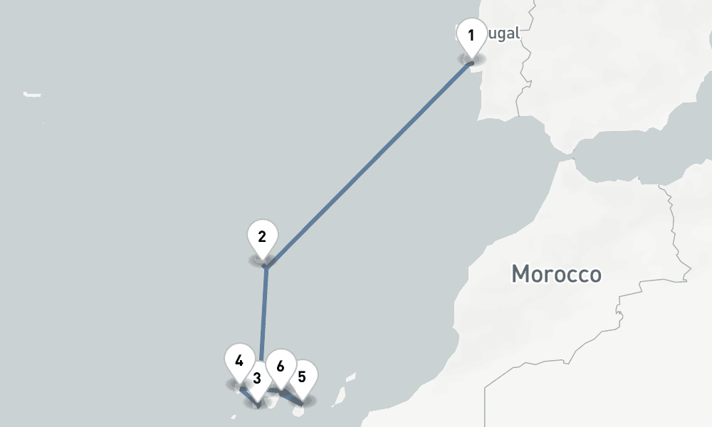 8 days, one-way from Lisbon to Santa Cruz de Tenerife 9日間