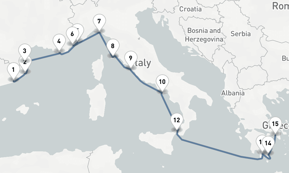 15 days, one-way from Barcelona to Piraeus-Athens 16日間