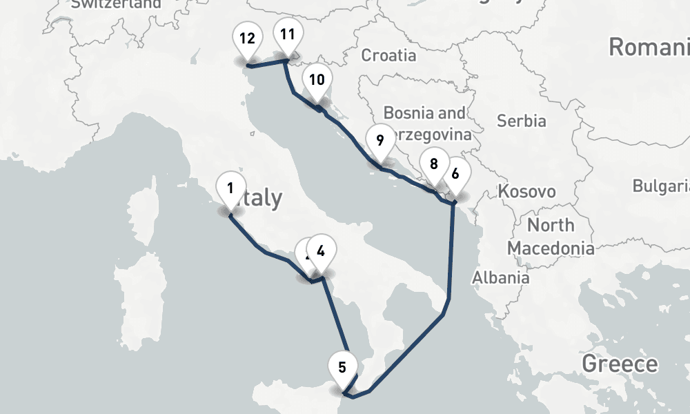 11 days, one-way from Civitavecchia-Rome to Venice 12日間