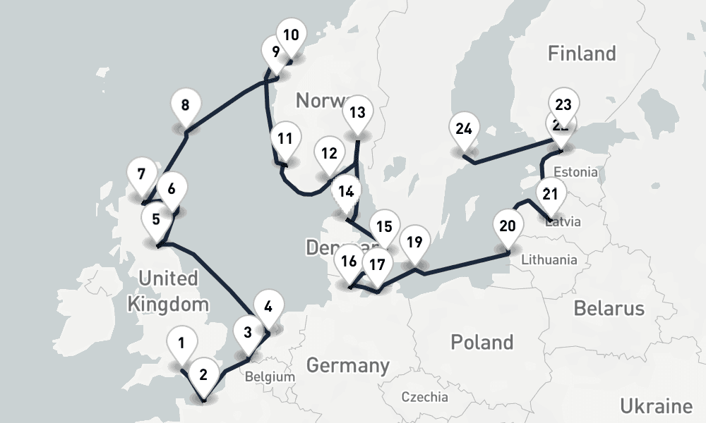24 days, one-way from Southampton to Stockholm 25日間